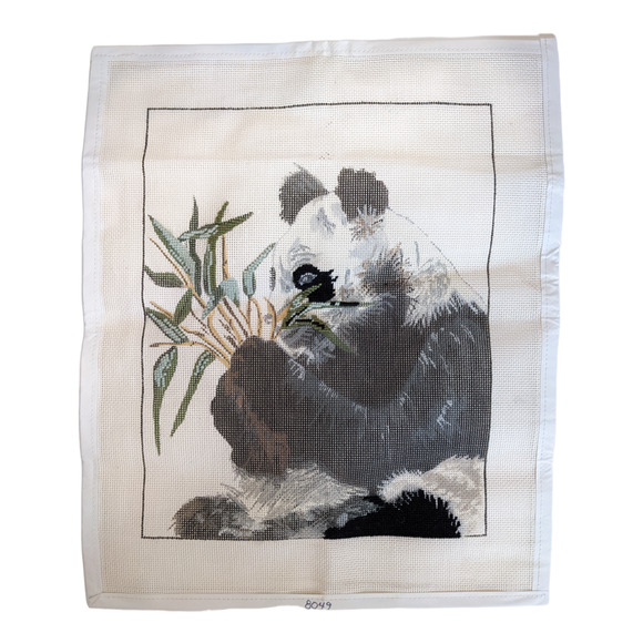 Vintage Hand Painted Needlepoint Canvas Panda with Bamboo PARTIALLY COMPLETED - Picture 1 of 10